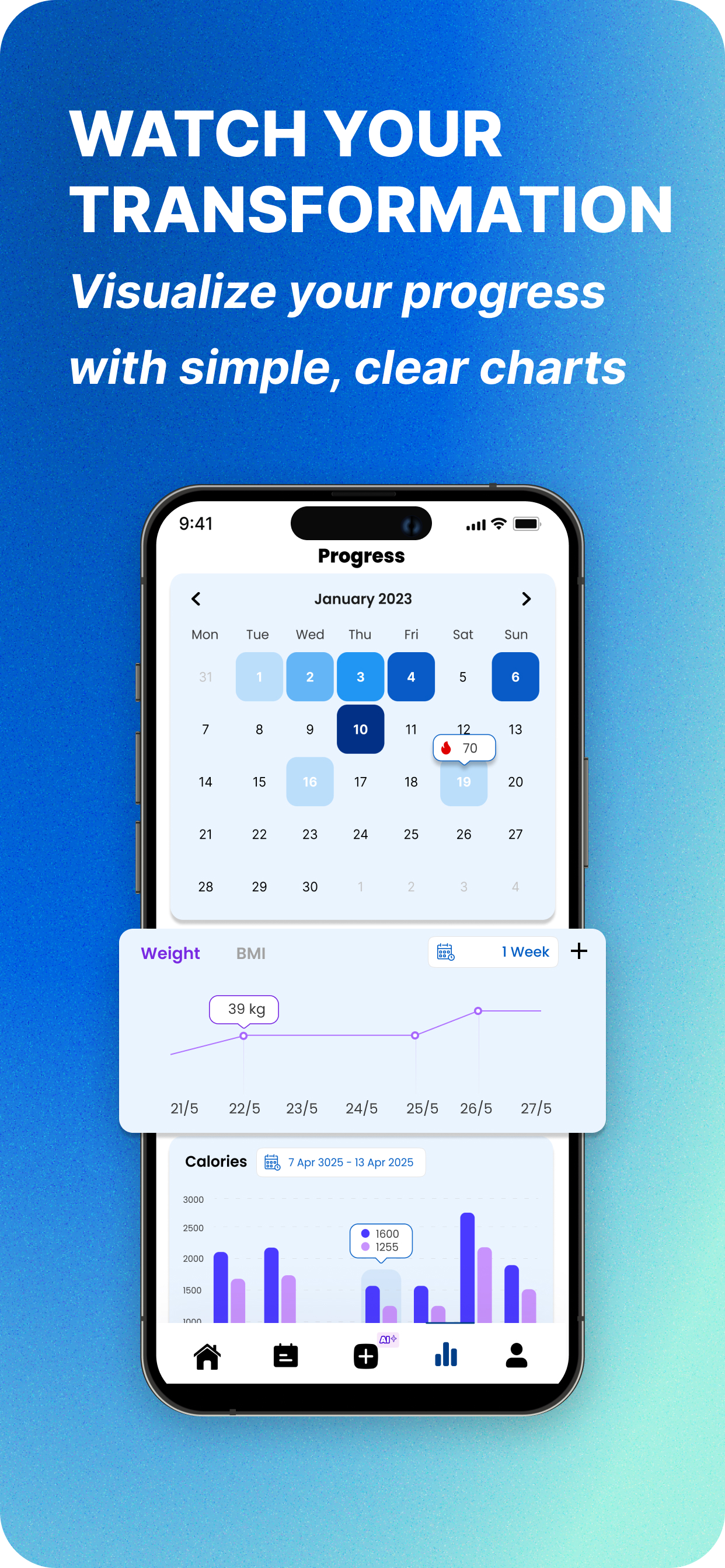 Visualize your journey: clear progress calendars & trend charts keep you motivated